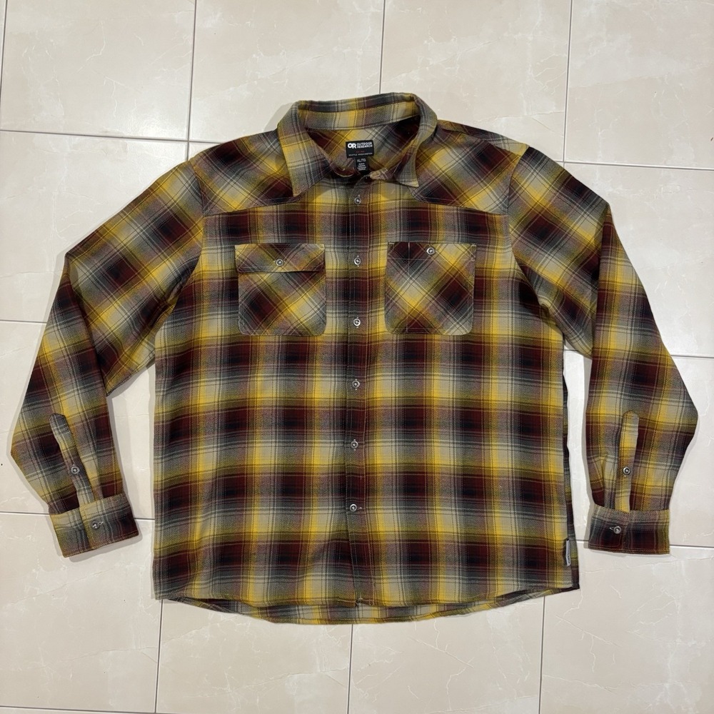 Outdoor Research Shirt Mens XL Plaid Flannel Feedback Button Up Pockets Hiking